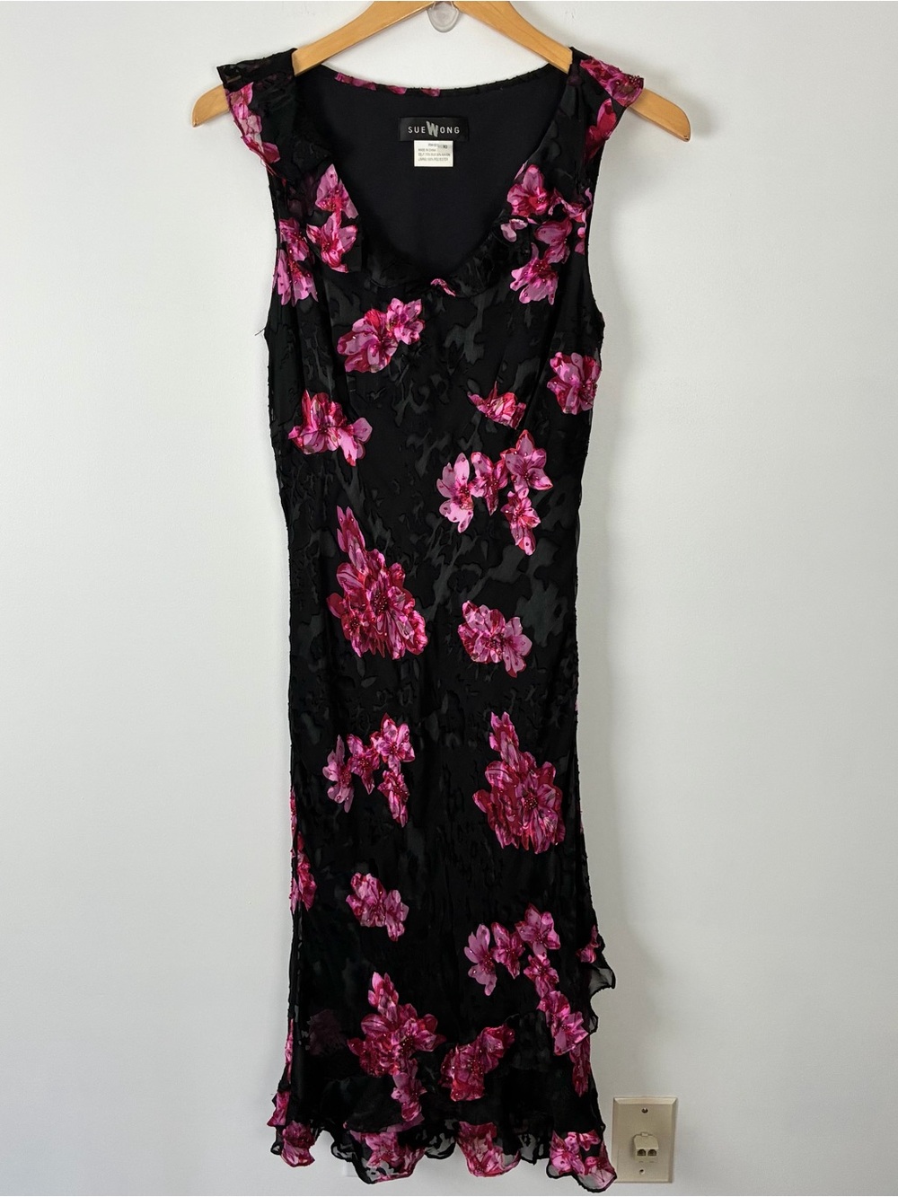 RARE Vintage Y2K Sue Wong Silk Blend Whimsigoth Floral Beaded Midi Dress 10